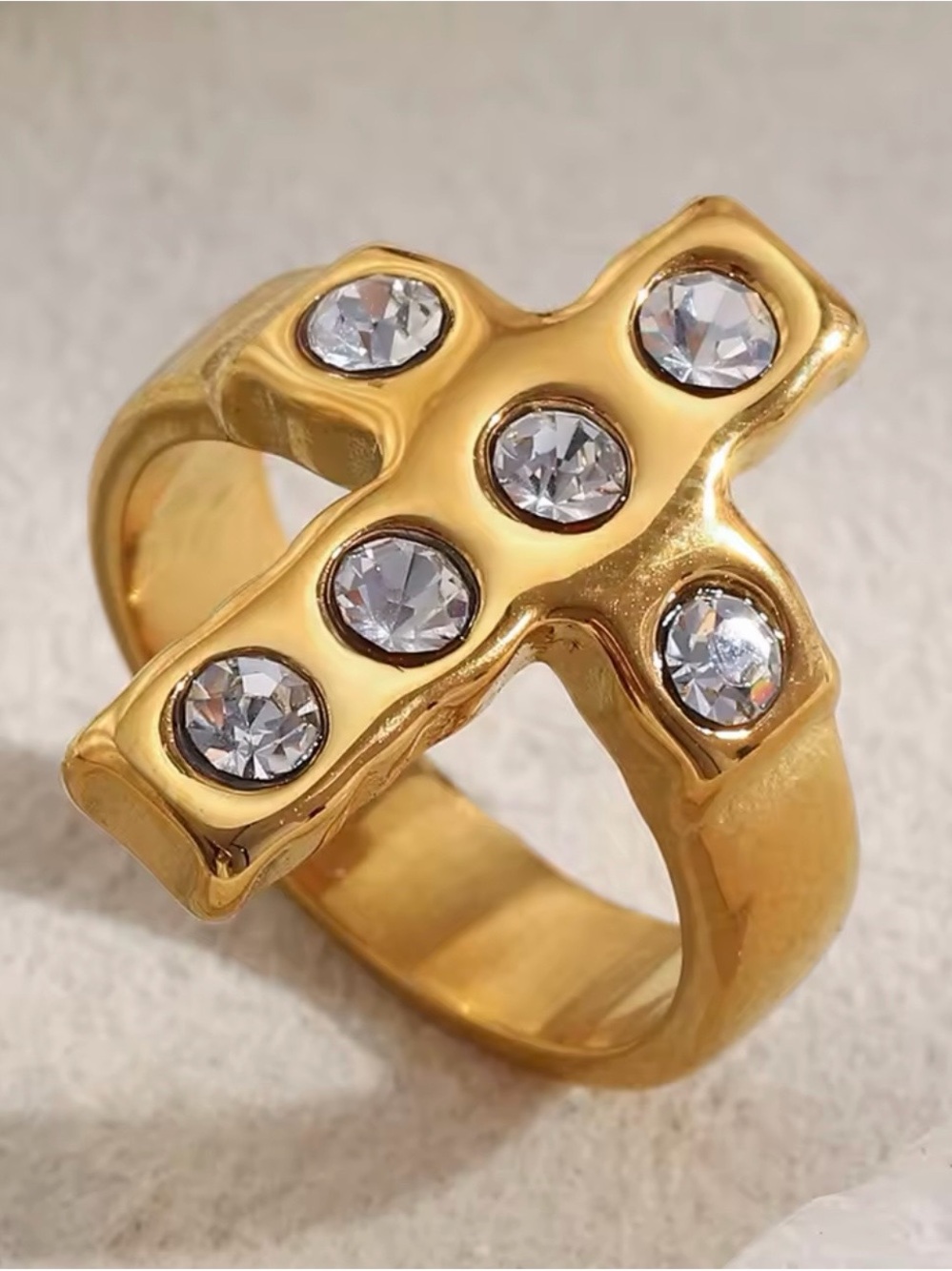 Gold Cross Statement Ring Clear Crystals Women Jewelry stainless steel size 7